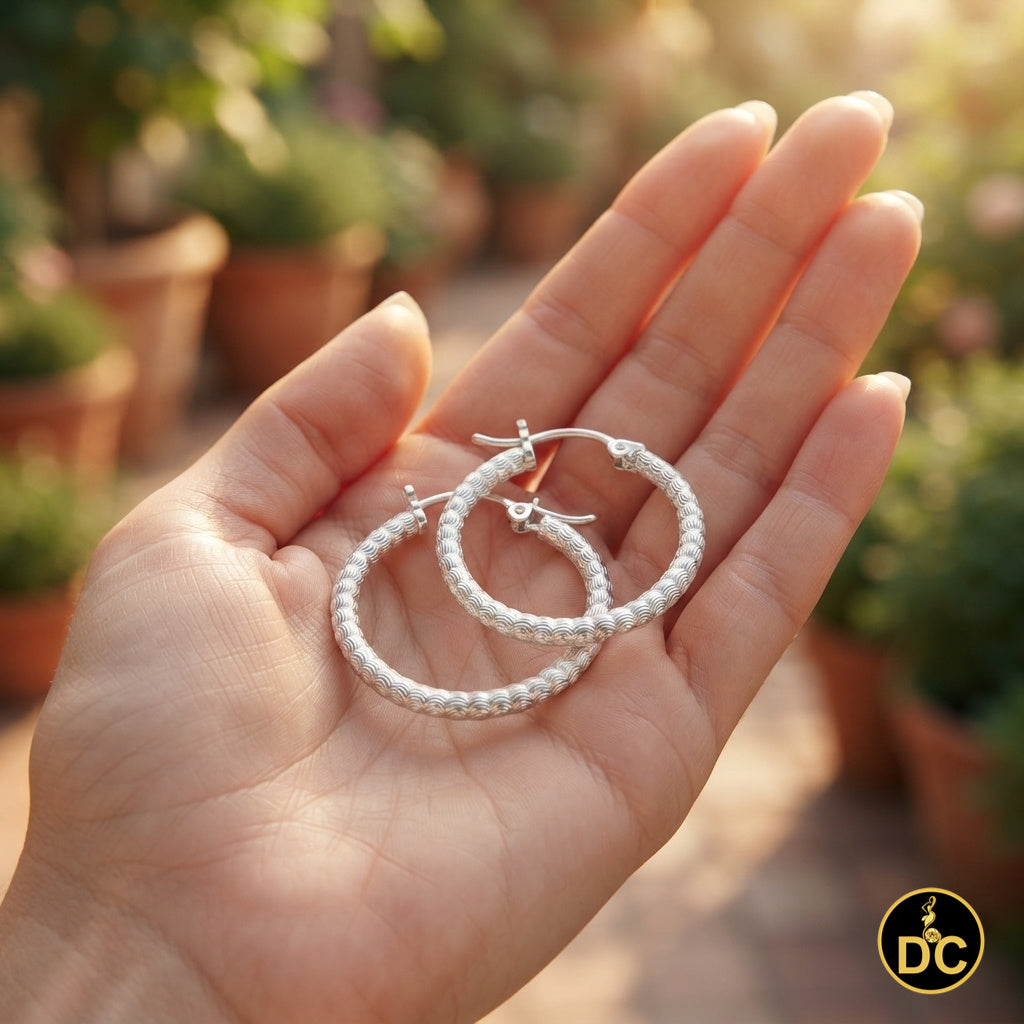925 Silver Snake Chain Pattern Ribbed Textured Diamond Cut 19mm Hoop Earrings