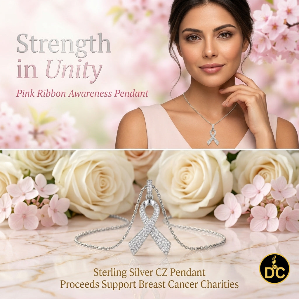 DiamondCelebritees 925 Silver White Clear 0.50ct CZ Hope Ribbon Pendant for Breast Cancer Support