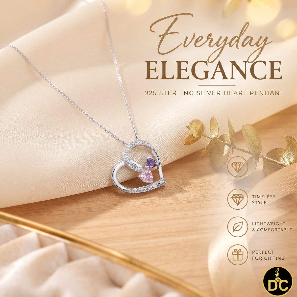 DiamondCelebritees  925 White Silver Double-Loop Open Heart W/Pink & Purple 0.01ct Diamond Pendant