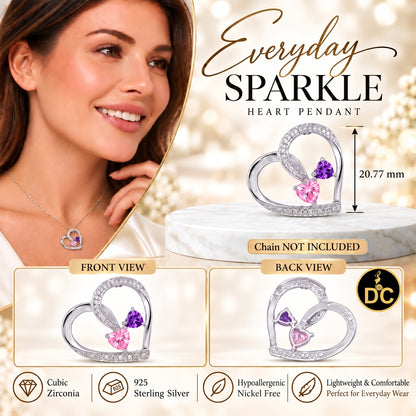 DiamondCelebritees  925 White Silver Double-Loop Open Heart W/Pink & Purple 0.01ct Diamond Pendant