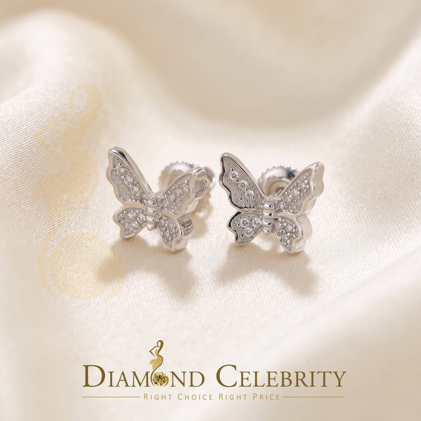 DiamondCelebritees Men's & Women 0.10ct Real Diamond Stud Butterfly Earrings in White 925 Silver