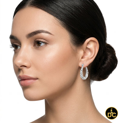 925 Sterling Silver Bamboo Texture Ridged Section Classic Oval 15mm Hoop Earring