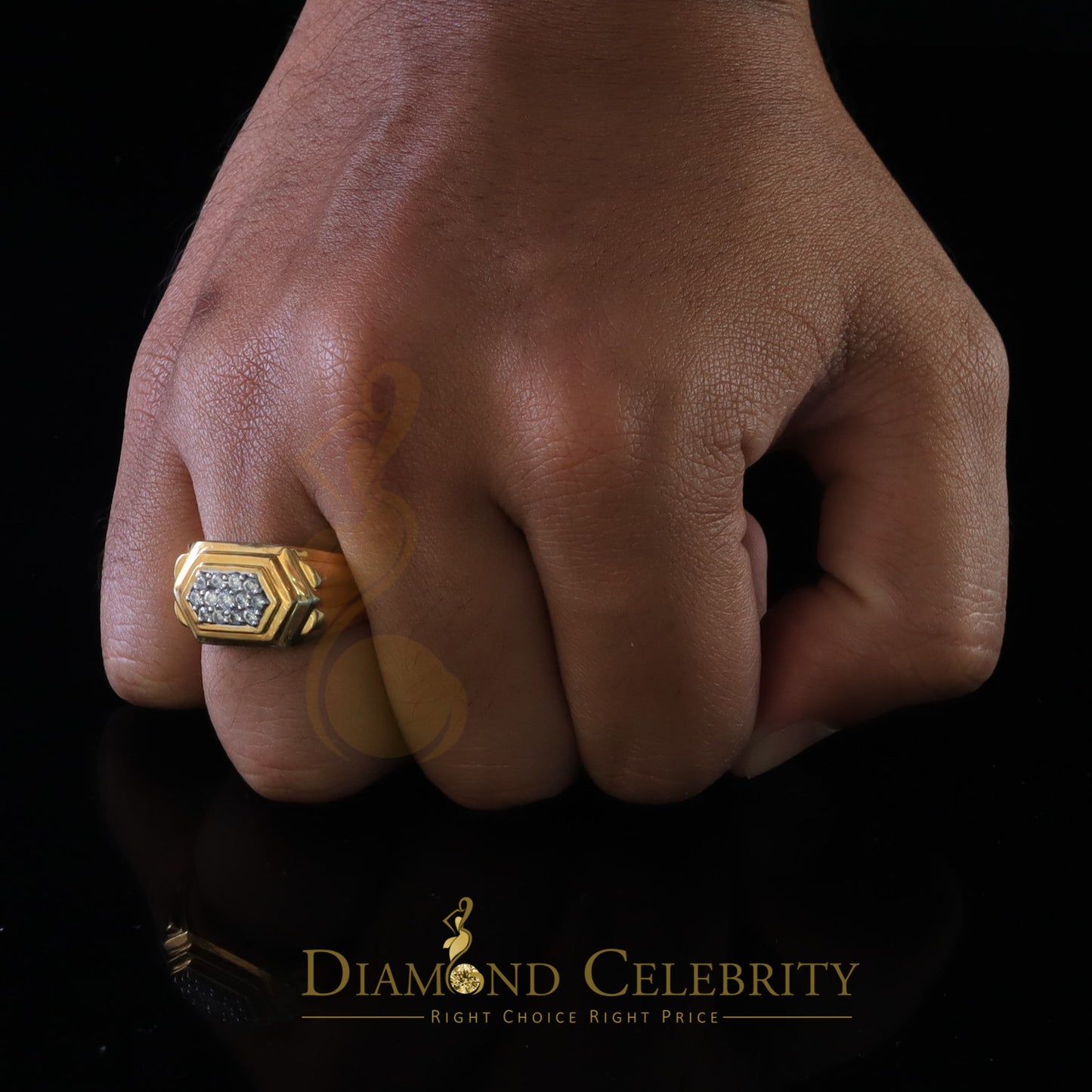 DiamondCelebritees 925 Sterling Yellow Silver 0.39ct Cubic Zirconia Hexagon Men Ring Size 9
