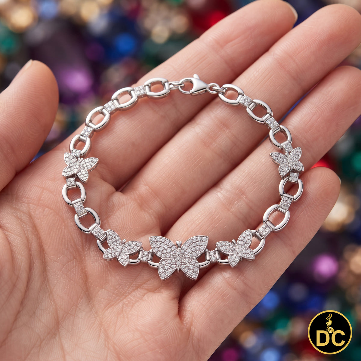 Diamondcelebritees 925 White Silver Multi Butterfly Link CZ Bracelet 1.69ct Cubic Zirconia SZ 7