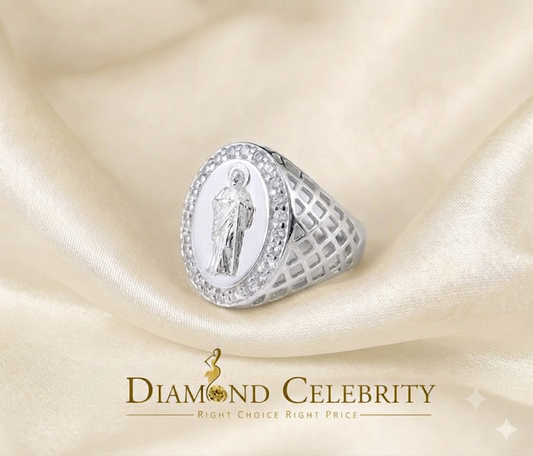 DiamondCelebritees White Oval Shape CZ 925 Sterling Silver St Jude Fancy Women Religious Ring SZ6.5