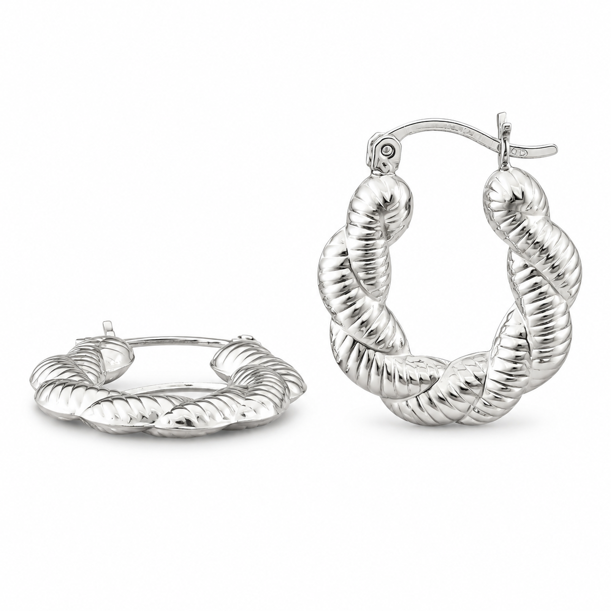 925 Sterling Silver Clasic Ribbed Twisted Rope/Braided Shrimp 19mm Hoop Earring