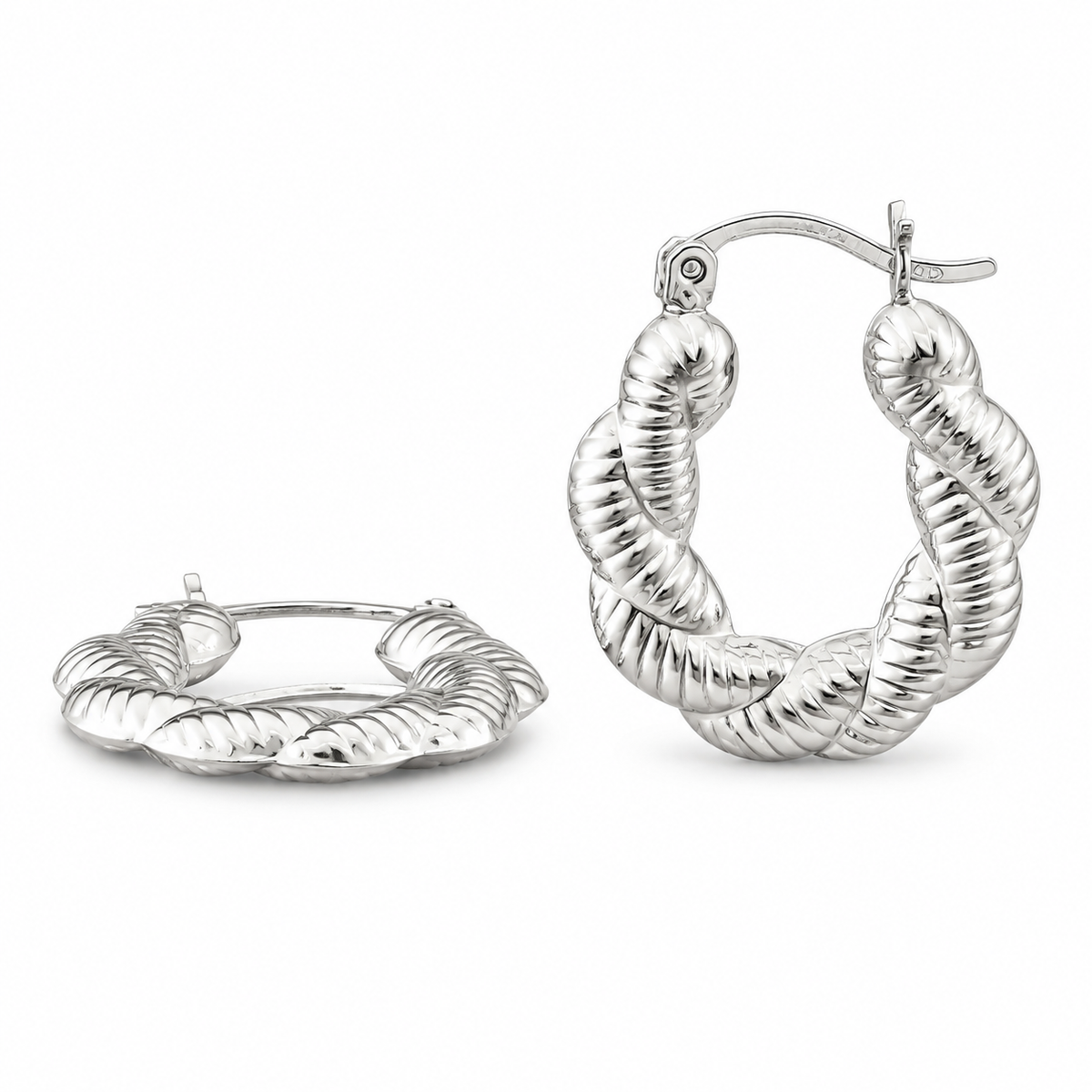 925 Sterling Silver Clasic Ribbed Twisted Rope/Braided Shrimp 19mm Hoop Earring