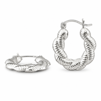 925 Sterling Silver Clasic Ribbed Twisted Rope/Braided Shrimp 19mm Hoop Earring