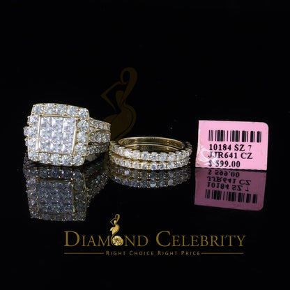 DiamondCelebritees 925 Silver Square Cubic Zirconia 10.92ct 3PC Bridal Yellow Womens Ring SZ 7