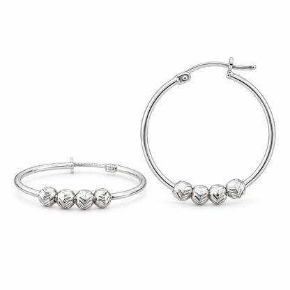925 Silver Textured Diamond cut Chevron-Pattern Sliding Bead 27mm Hoop Earring