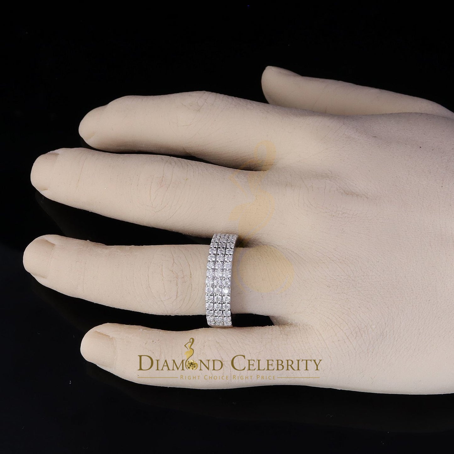 DiamondCelebritees Men's 925 Silver White 2.00ct VVS D Moissanite 3 Row Wedding Band Ring Size 10