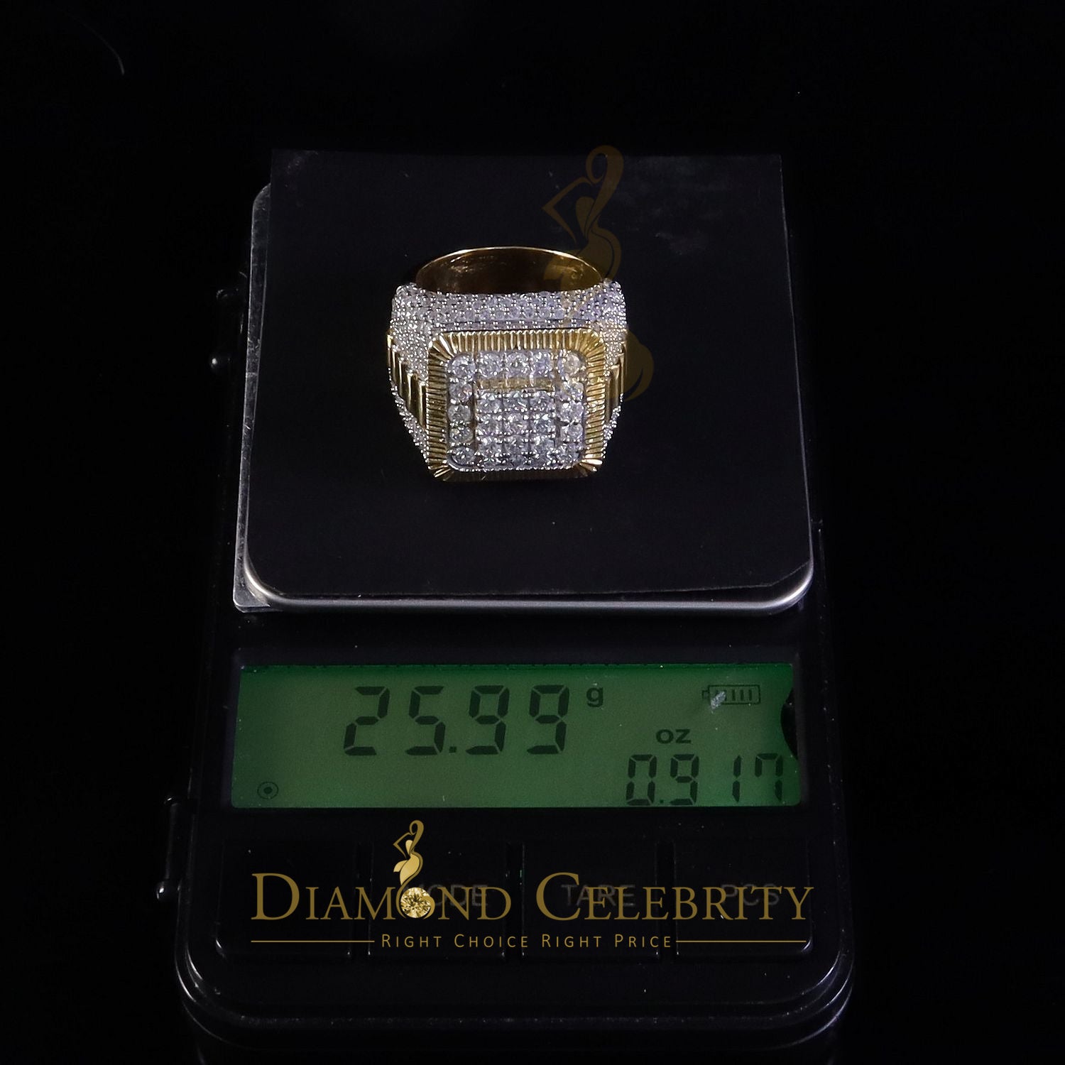 DiamondCelebritees Men's 925 Sterling Silver 6.50ct VVS 'D' Moissanite Square Yellow Rings Size 10