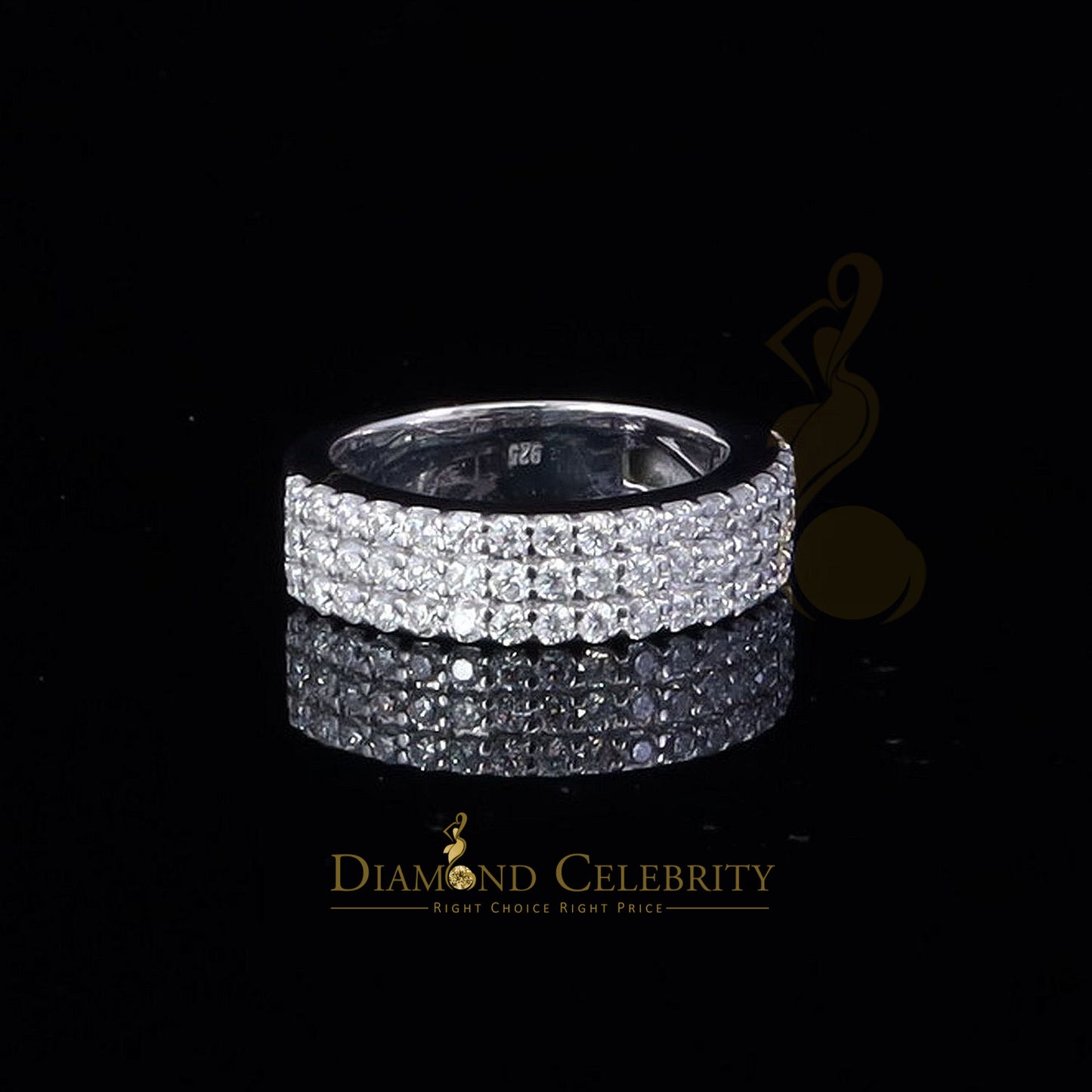 DiamondCelebritees Men's 925 Silver White 2.00ct VVS D Moissanite 3 Row Wedding Band Ring Size 10