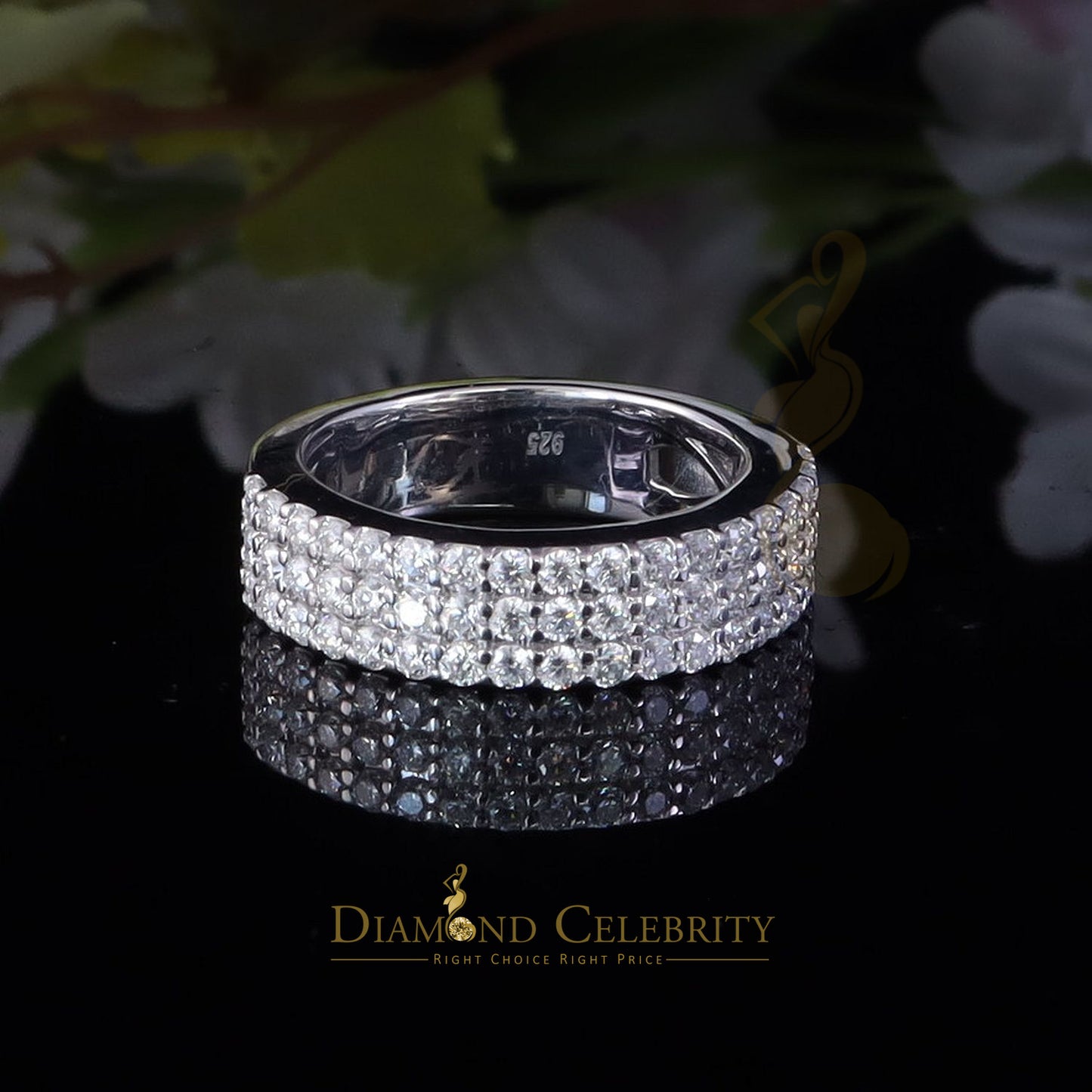 DiamondCelebritees Men's 925 Silver White 2.00ct VVS D Moissanite 3 Row Wedding Band Ring Size 10