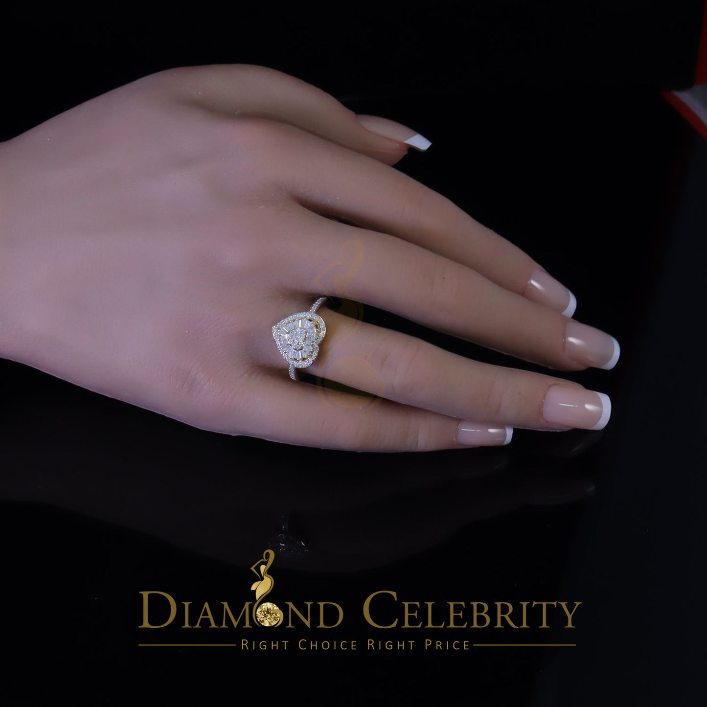 DiamondCelebritees Moissanite 925 Yellow Silver 1.00ct VVS 'D' Baguette Heart Rings Women's Size 7