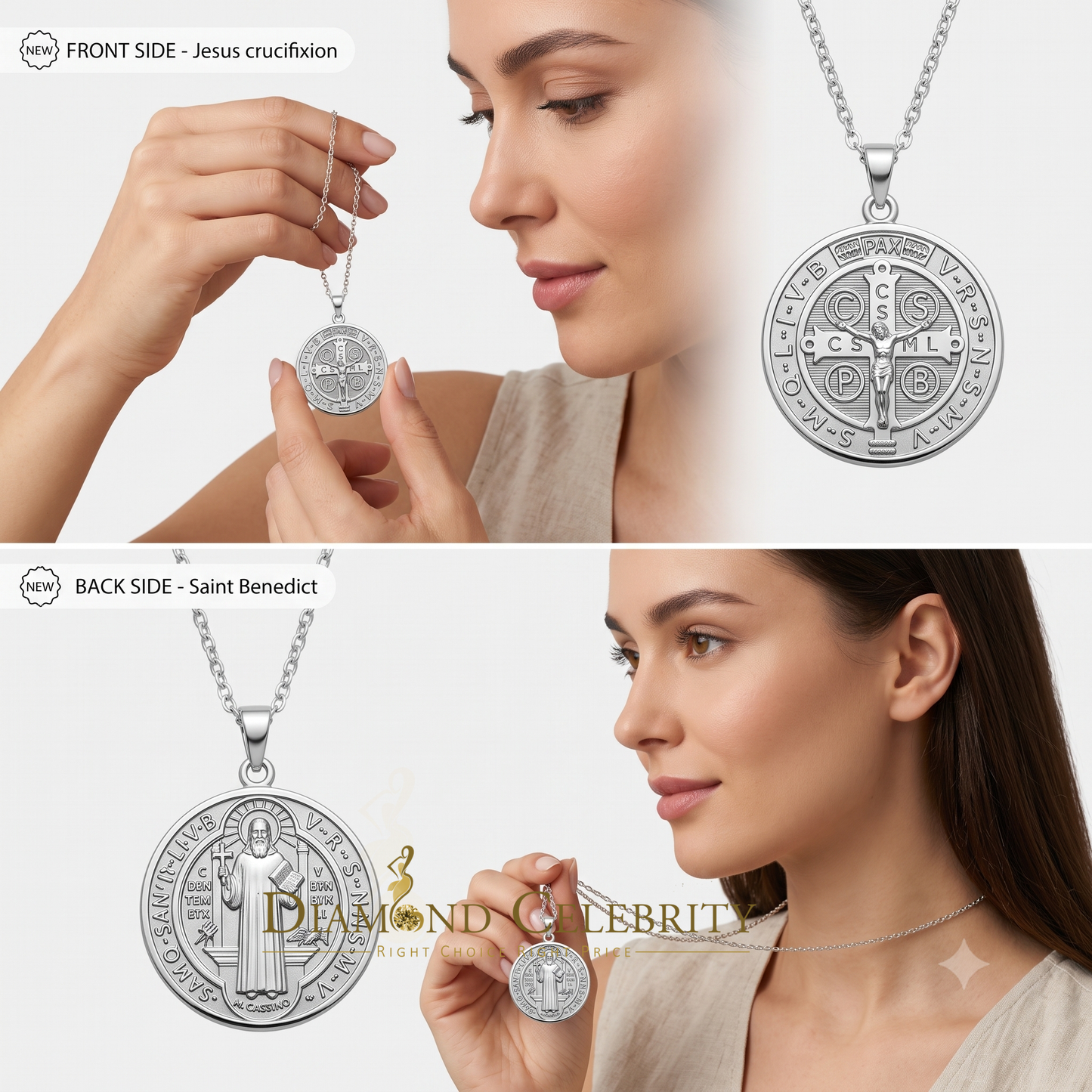 DiamondCelebritees Double Side Jesus & Benedict Men's/Women's Pendant Religious 925 Sterling Silver