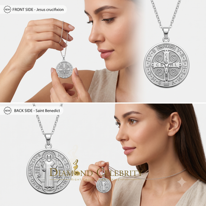 DiamondCelebritees Double Side Jesus & Benedict Men's/Women's Pendant Religious 925 Sterling Silver
