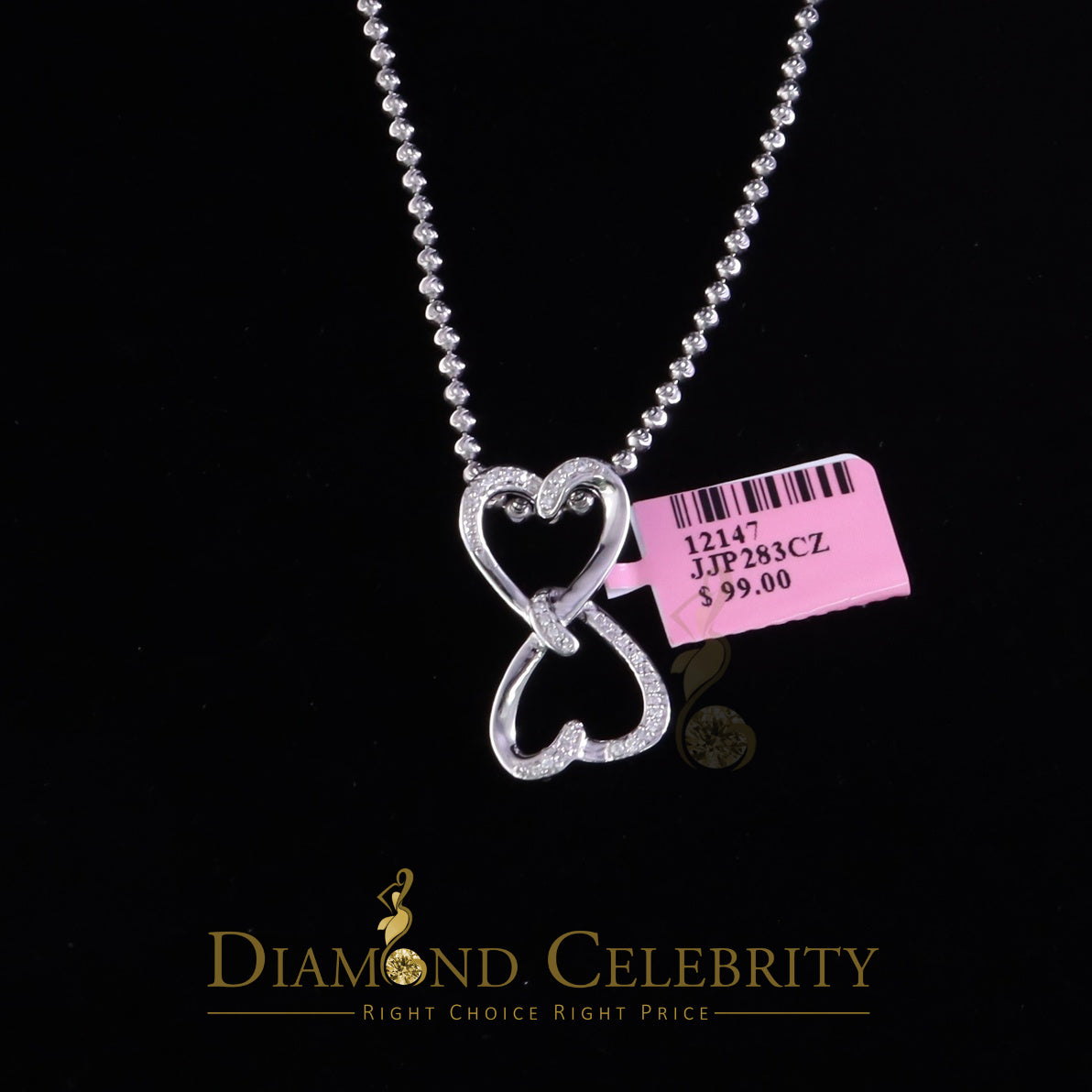 DiamondCelebritees 925 Sterling White Silver Pendant with Dual Heart Shape 0.00ct Cubic Zirconia