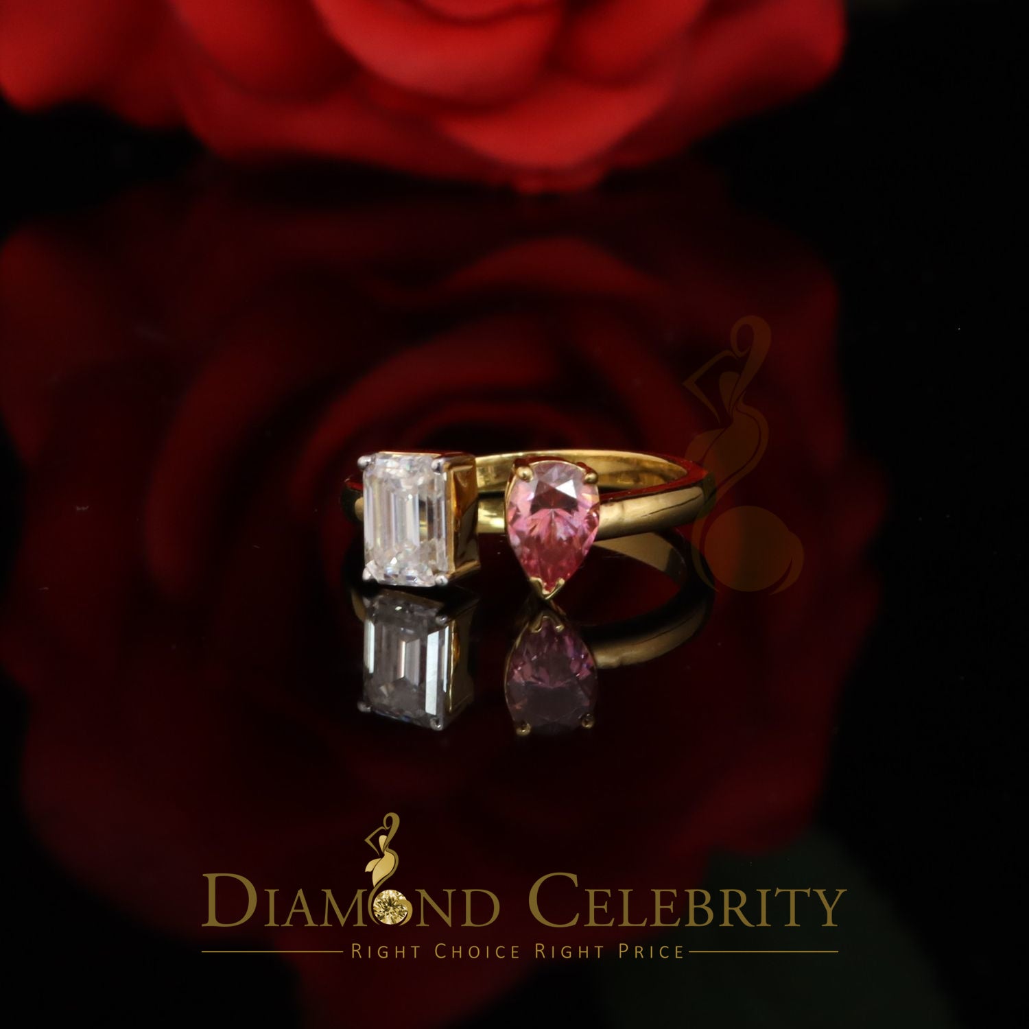 DiamondCelebritees 2.00CT Women's Silver Yellow VVS D Pink Moissanite Toi et Moi Engagement Ring SZ7