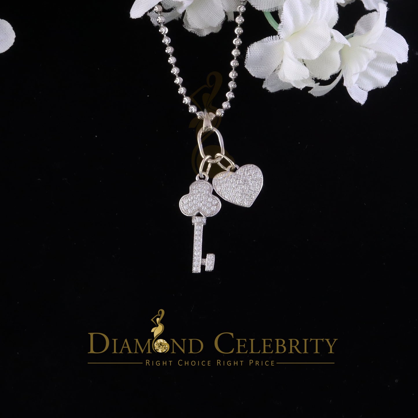 DiamondCelebritees Womens Heart Key White Sterling Silver Shape Pendant with 0.50ct Cubic Zirconia