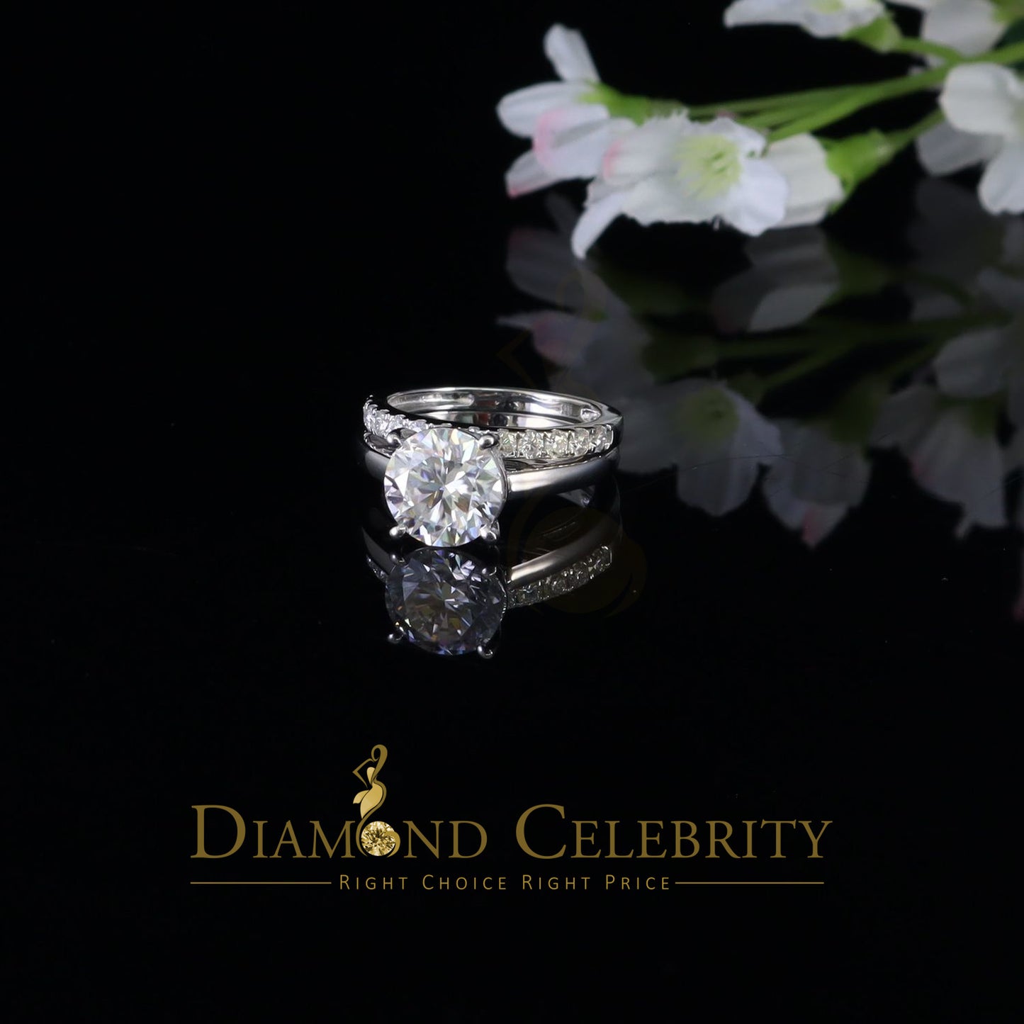 DiamondCelebritees White 5.00ct Moissanite Sterling Silver Men/Women Bridal Ring Round Shape Size 8