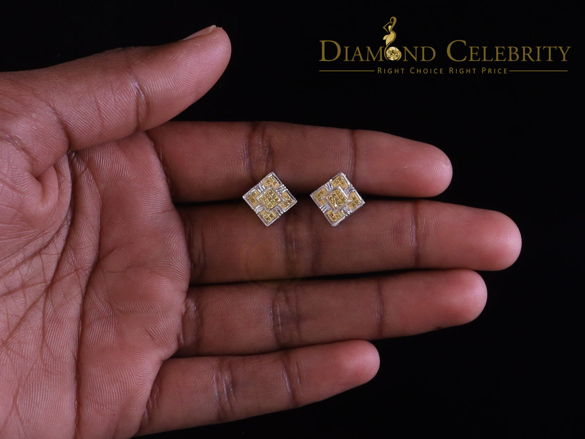 King Of Bling's 0.15ct Round Yellow Diamond 3D Square Earring 925 Sterling White Silver for men