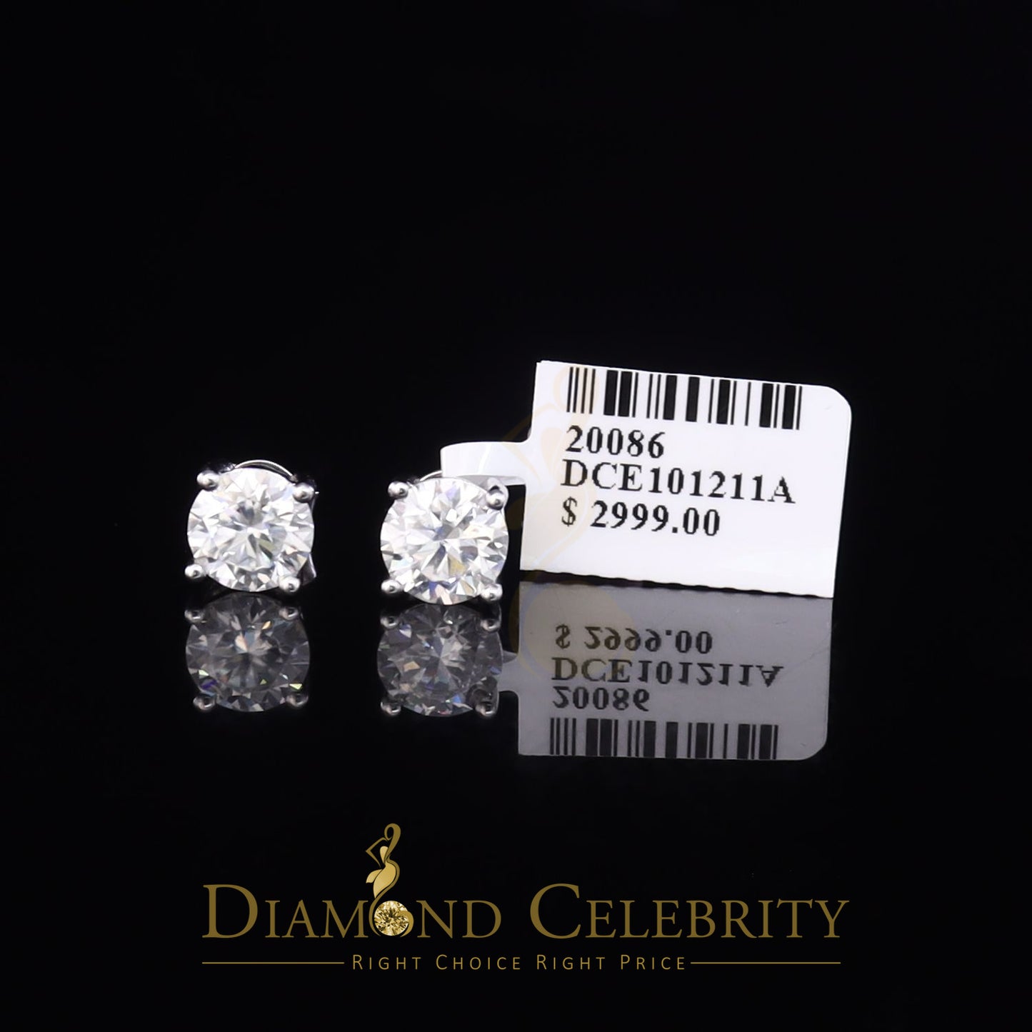 DiamondCelebritees 10k Real White Gold with 3.00ct Round VVS 'D' Color Moissanite Stud Earrings
