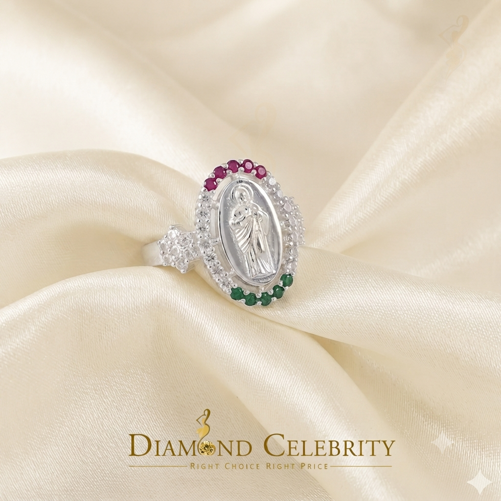 DiamondCelebritees White 925 Silver Saint Jude Thaddeus Pink & Green stone Women Religious Ring SZ7