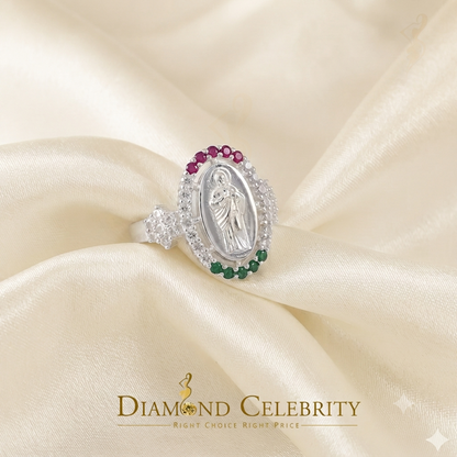 DiamondCelebritees White 925 Silver Saint Jude Thaddeus Pink & Green stone Women Religious Ring SZ7