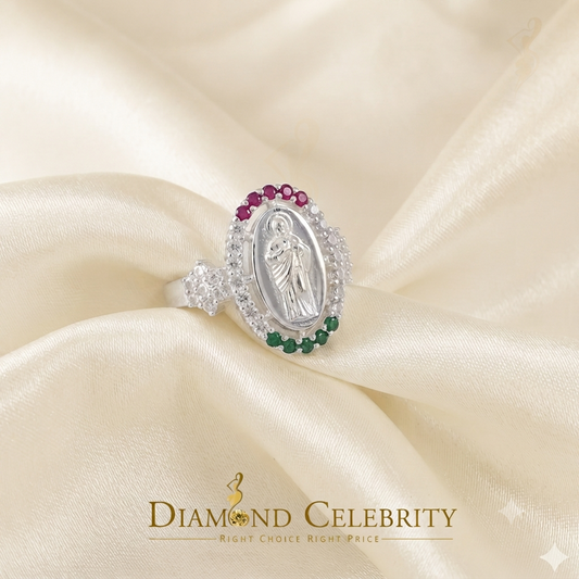 DiamondCelebritees White 925 Silver Saint Jude Thaddeus Pink & Green stone Women Religious Ring SZ7