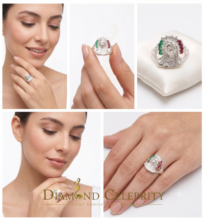 DiamondCelebritees Religious White 925 Silver Cubic Zirconia Mother Mary Face Women's Ring Size 7