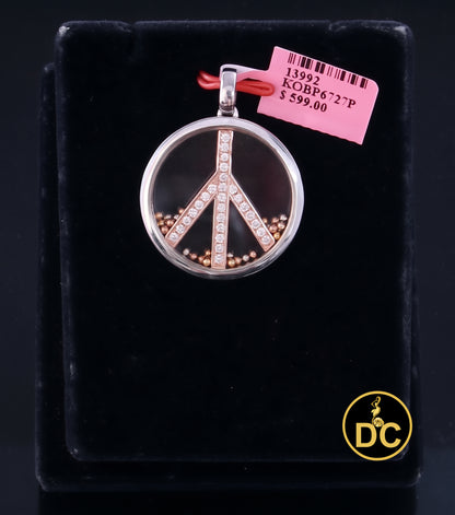 DiamondCelebritees 925 White Sterling Silver Peace Sign Floating Glass 0.25ct Cubic Zircon Pendant