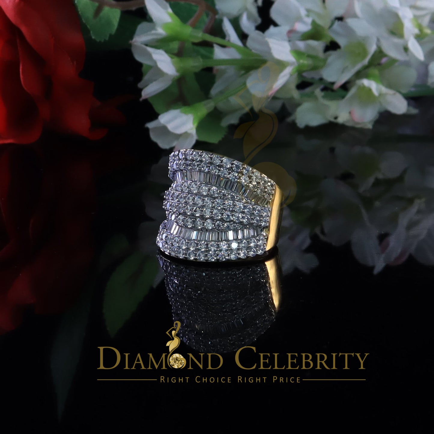 DiamondCelebritees 7.75ct Round/Baguette Cubic Zirconia Cocktail Yellow Sterling Silver Ring Size 7