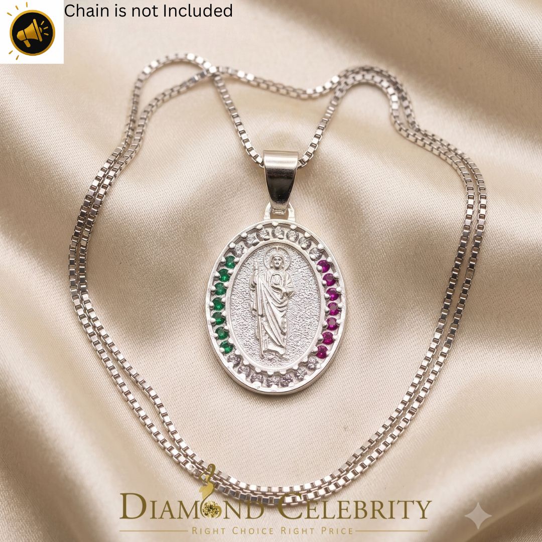 DiamondCelebritees 925 Sterling Silver St.Jude Multi Color CZ Men's/Women's Pendant White Religious