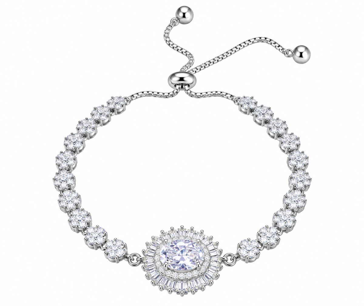Diamondcelebritees 925 Silver Sun Shape White Bracelet Cubic Zirconia Adjustable Size 7 Inches