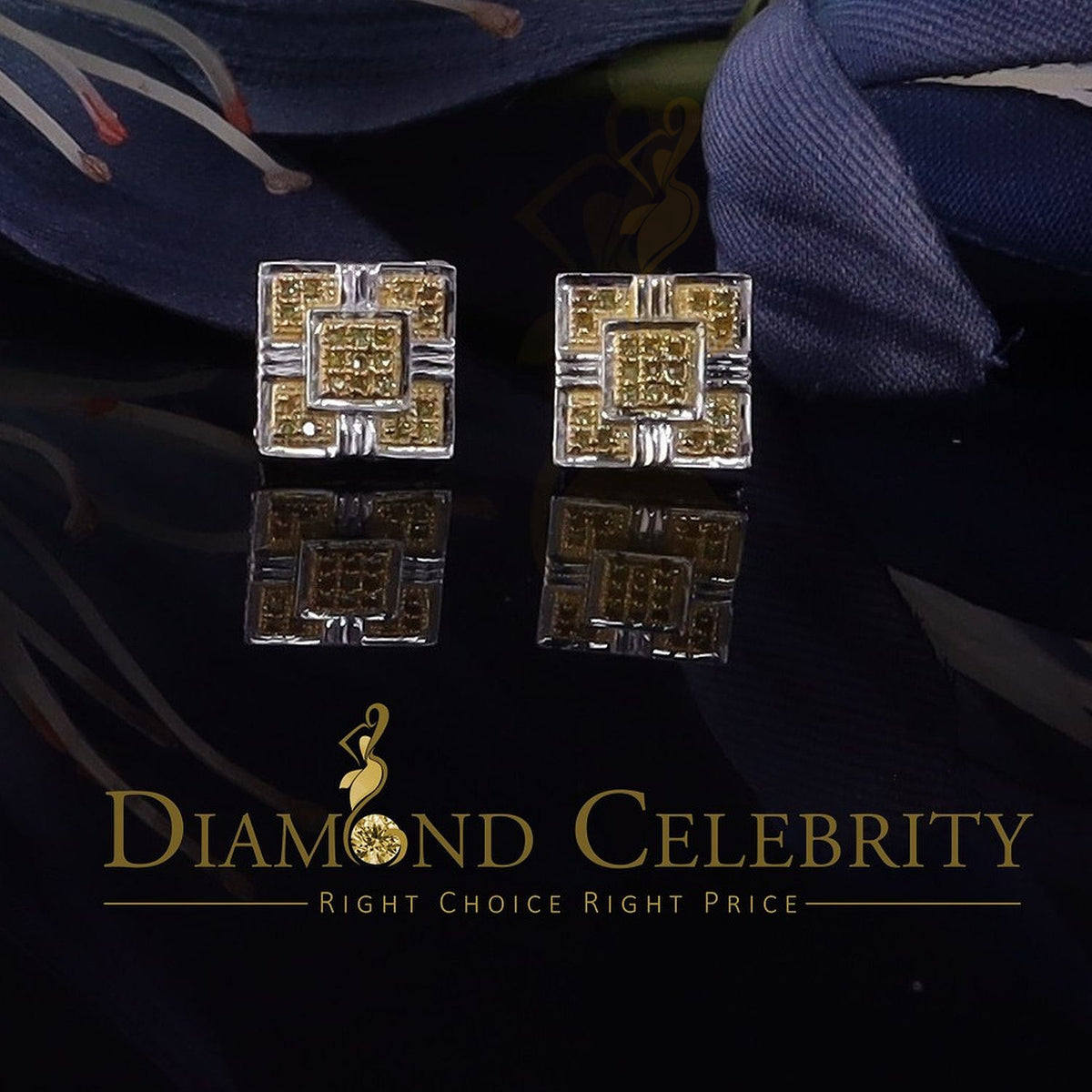 King Of Bling's 0.15ct Round Yellow Diamond 3D Square Earring 925 Sterling White Silver for men