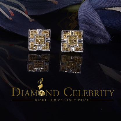 King Of Bling's 0.15ct Round Yellow Diamond 3D Square Earring 925 Sterling White Silver for men