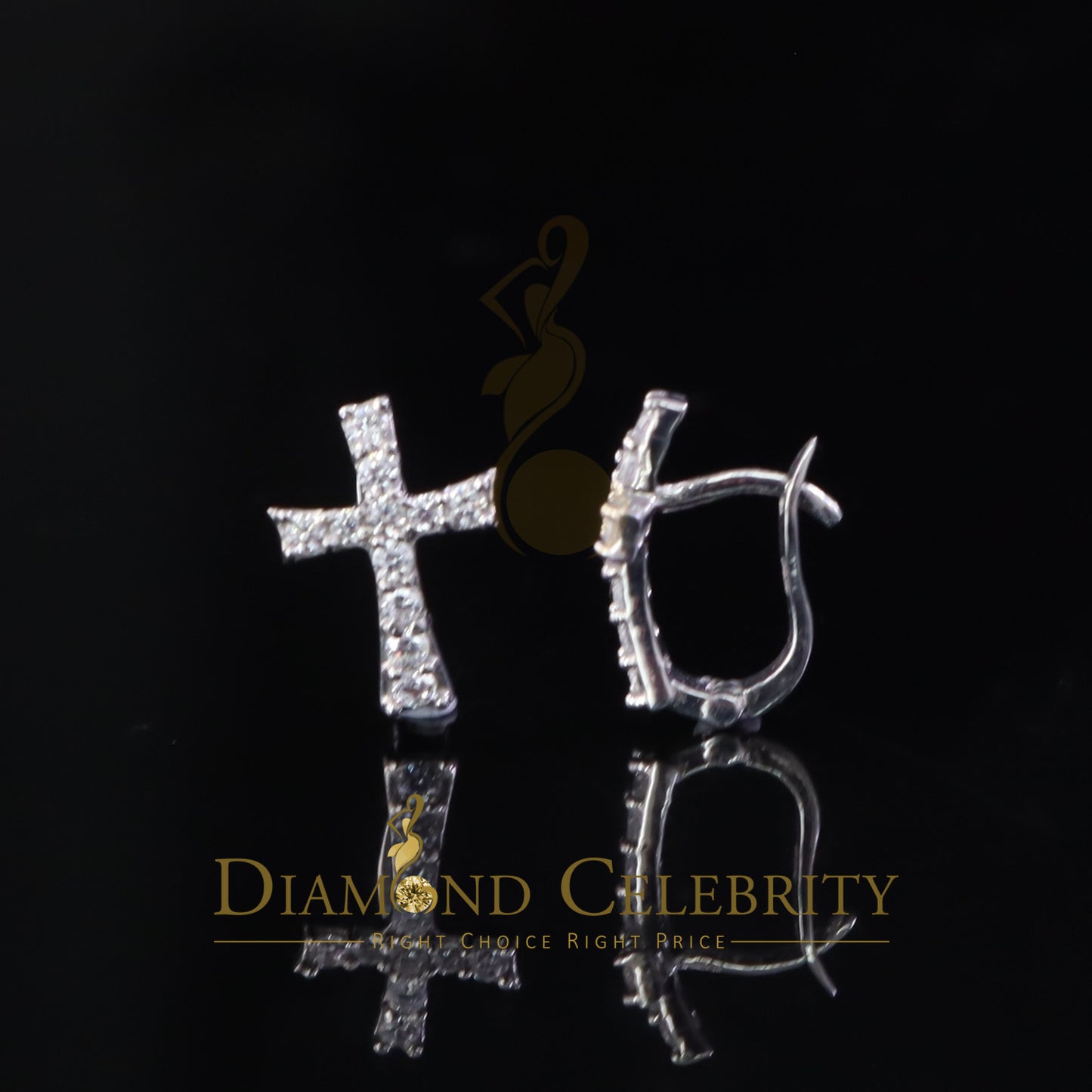 DiamondCelebritees  925 Silver Round Shape White Hip Hop Cross Stud Earrings 22 CZ Stones for Womens