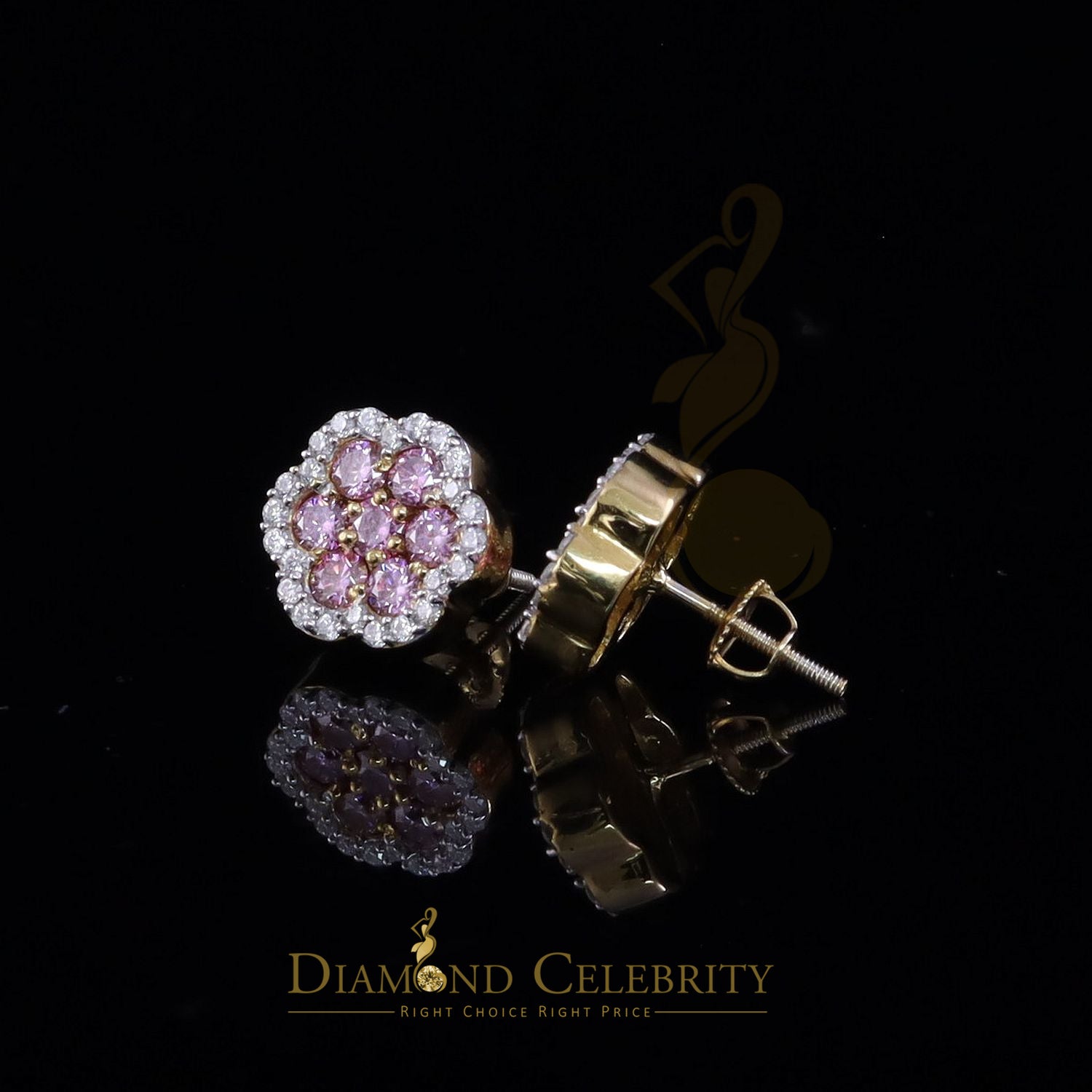 DiamondCelebritees Mens/Women's 925 Silver Yellow 1.50ct VVS D Pink Moissanite Floral Stud Earrings