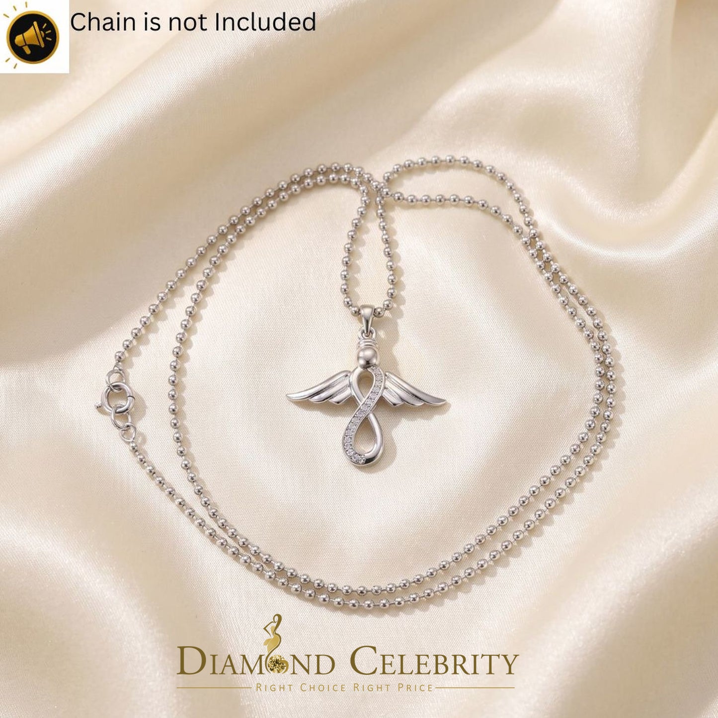 DiamondCelebritees  NEW Real 0.05CT Diamond Infinity with Wings Silver White Charm Necklace Pendant
