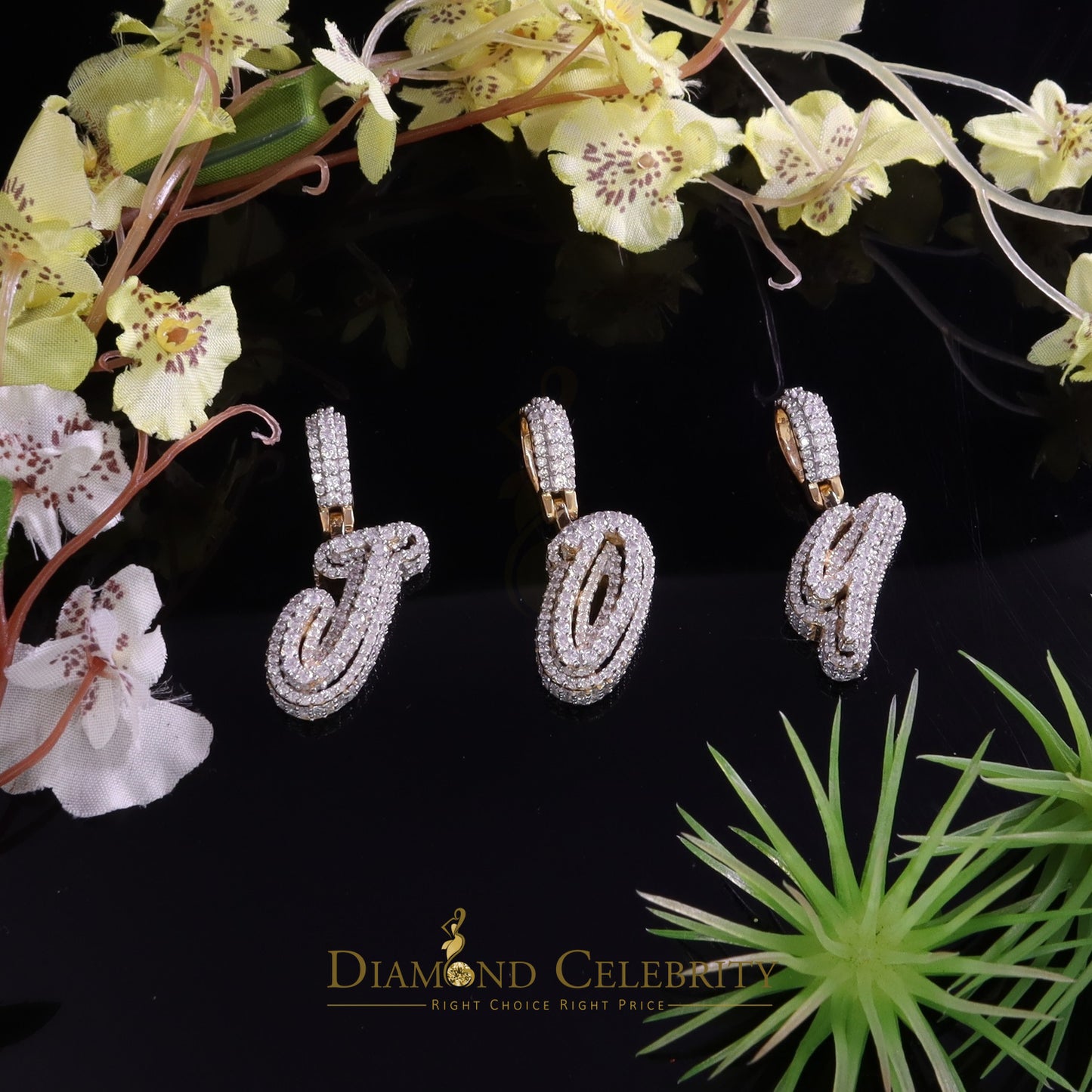 DiamondCelebritees Yellow Cursive 3D Alphabet Shape 925 Sterling Silver Cubic Zirconia Pendant