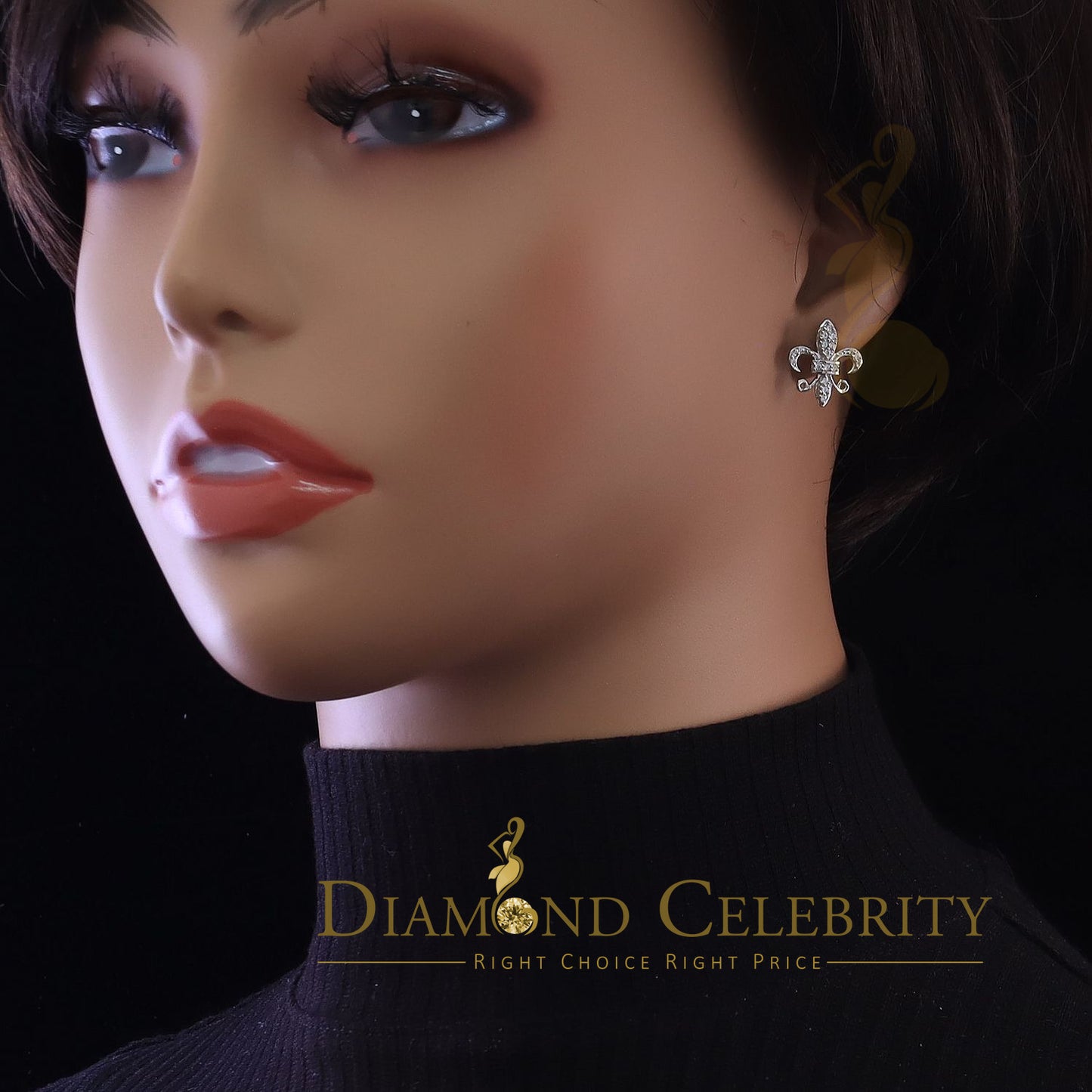 DiamondCelebritees  925 White Silver Women's Fleur de Lis Screw Back 0.36ct Cubic Zirconia Earrings