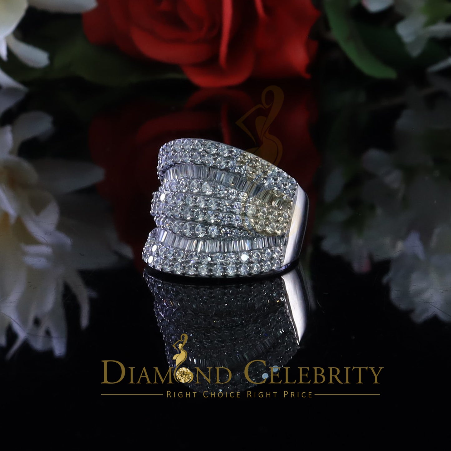 DiamondCelebritees 7.75ct Round/Baguette Cubic Zirconia Cocktail White Sterling Silver Ring Size 8