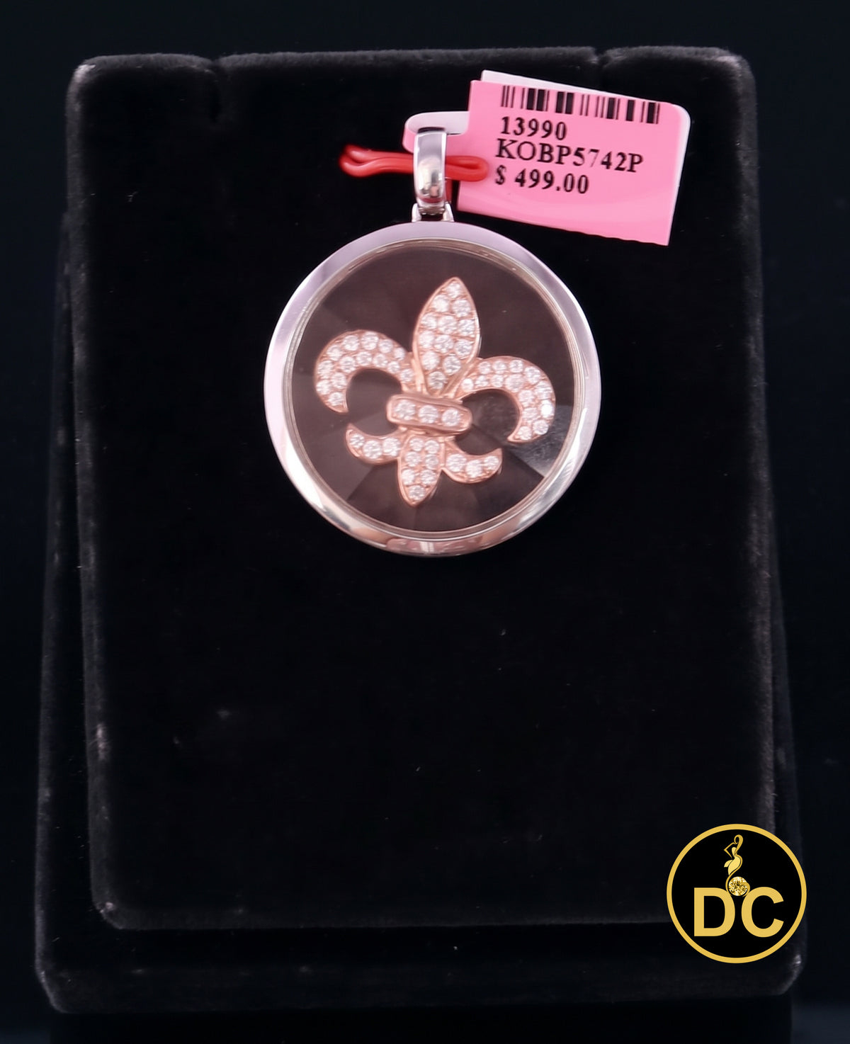 DiamondCelebritees 925 White Sterling Silver Fleur-de-Lis Floating Glass 1ct Cubic Zircon Pendant
