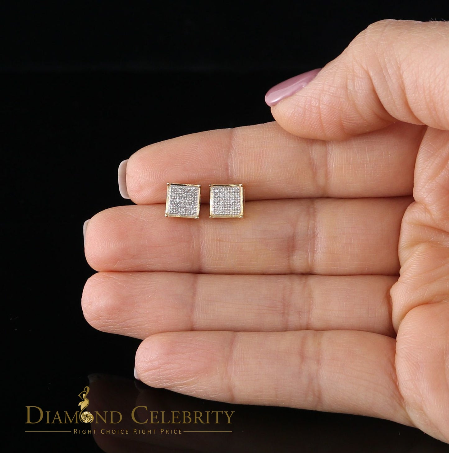 DiamondCelebritees Real 10k Yellow Gold Square Stud Earrings with 0.15CT Real Diamonds