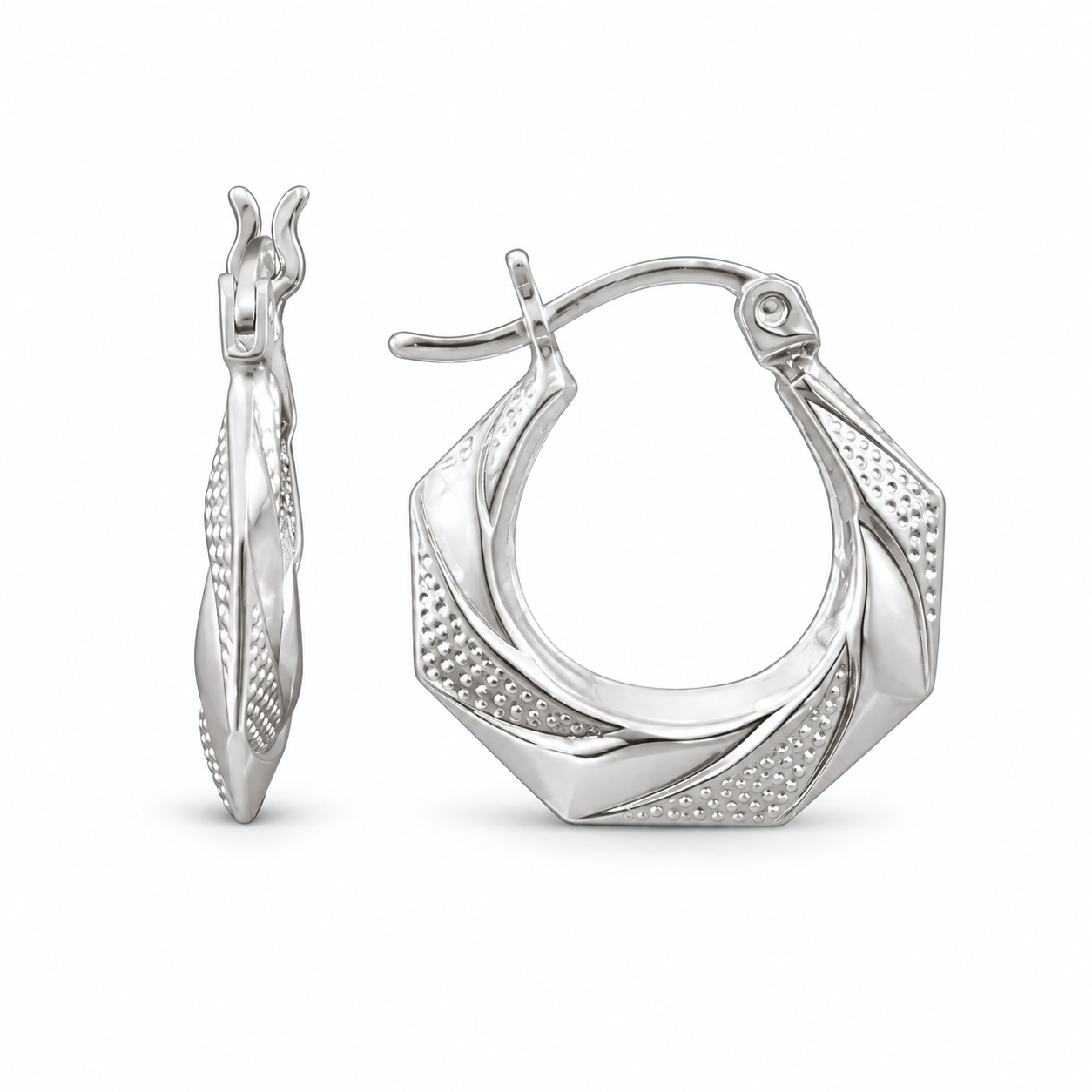 925 Silver Octagonal Shape W/Polished facets & textured dotted 16mm Hoop Earring