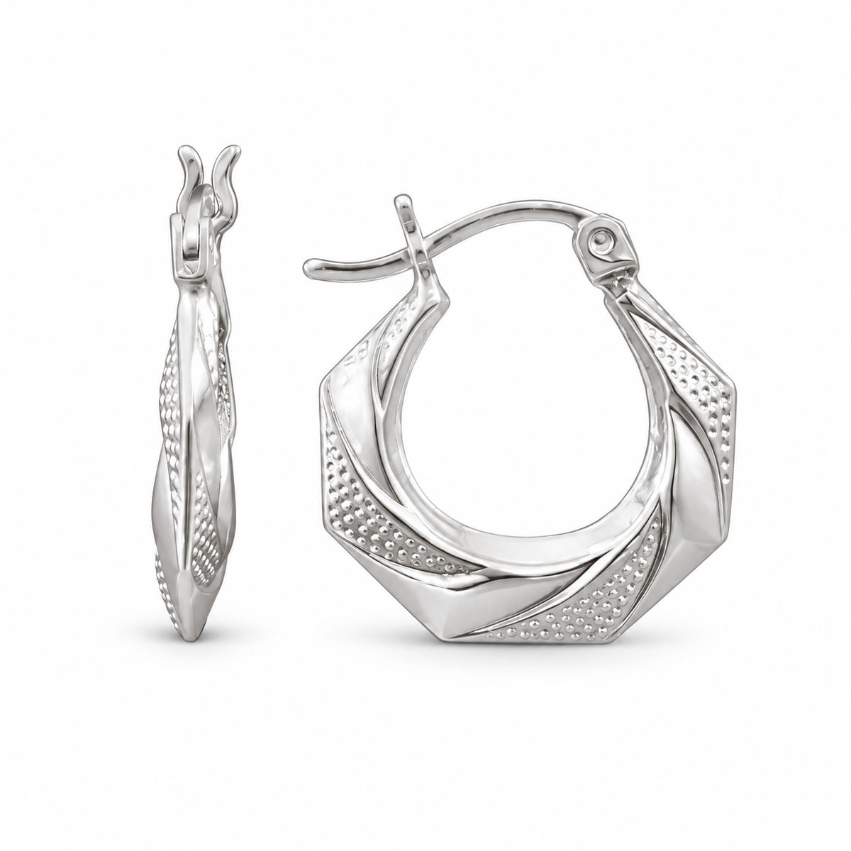 925 Silver Octagonal Shape W/Polished facets & textured dotted 16mm Hoop Earring