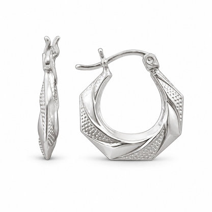925 Silver Octagonal Shape W/Polished facets & textured dotted 16mm Hoop Earring