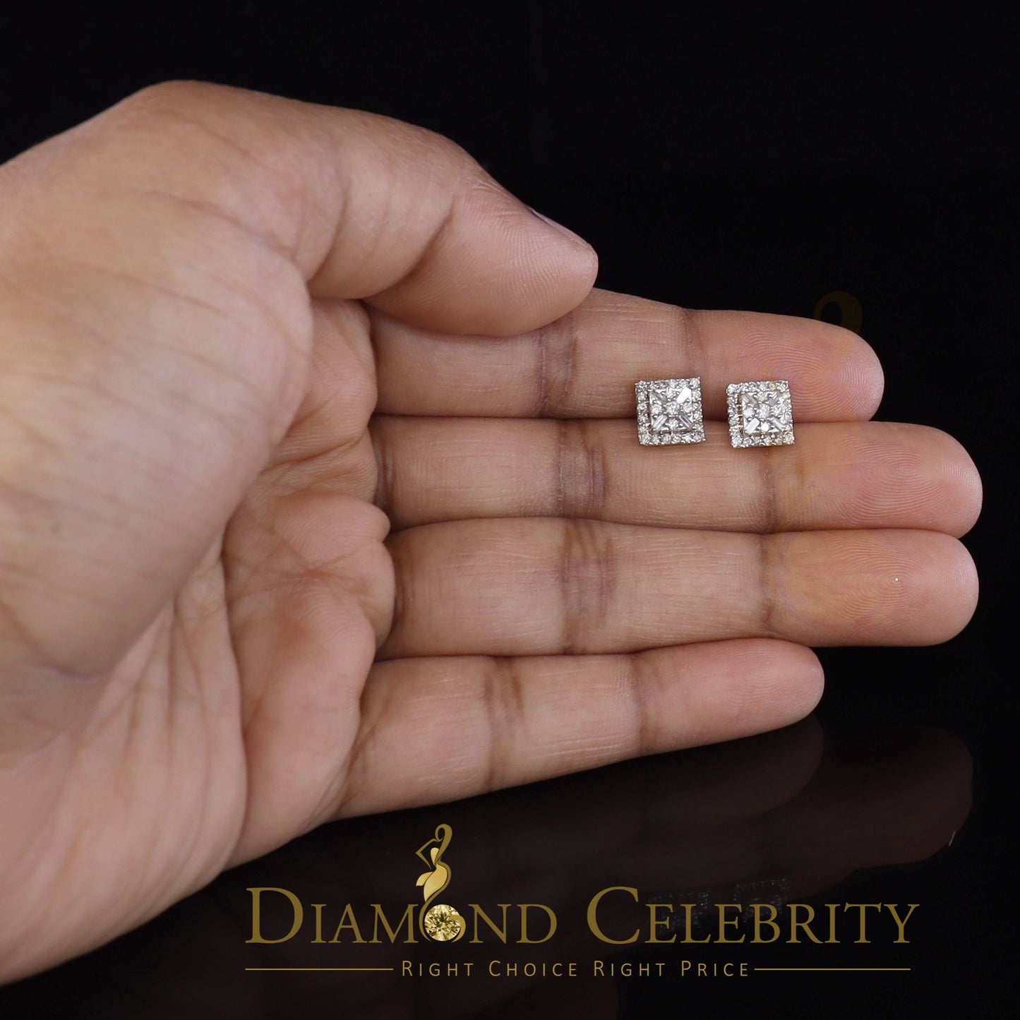 DiamondCelebritees 0.75 CT Real Diamond with 10K Real Yellow Gold Square Stud Earrings