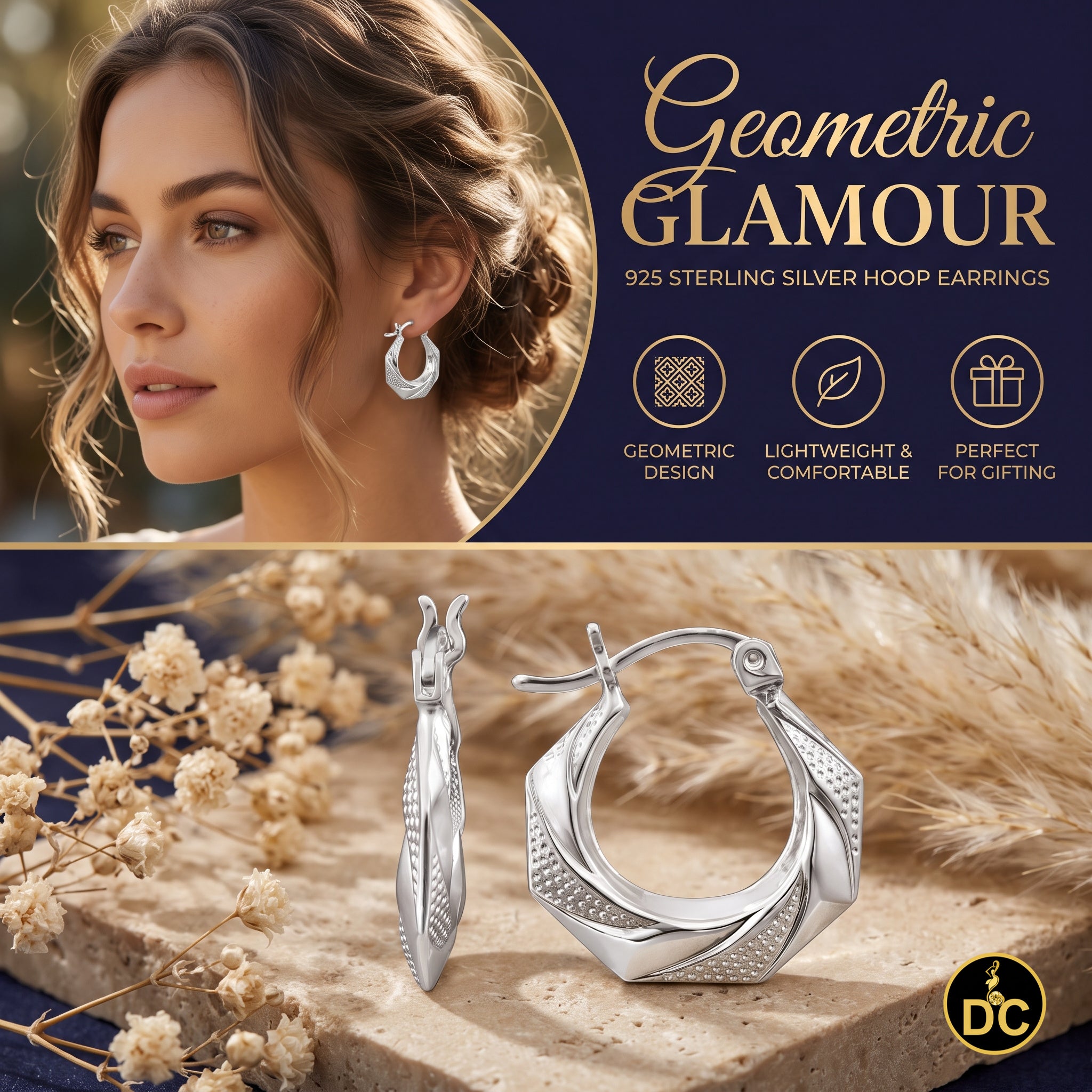 925 Silver Octagonal Shape W/Polished facets & textured dotted 16mm Hoop Earring